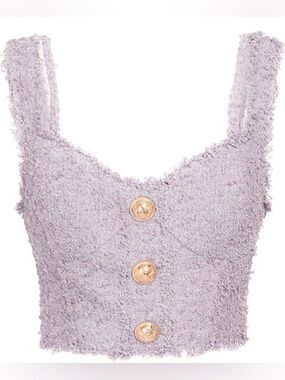 Balmain Paris (nwt $1,595) Tweed Crop Top Lilac button-embellished Sz 34
